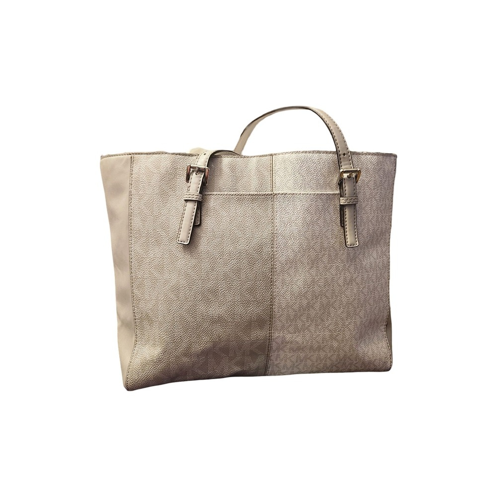 Michael Kors Women Cream Beige Monogram MK Logo Tote Bag Shoulder Bag